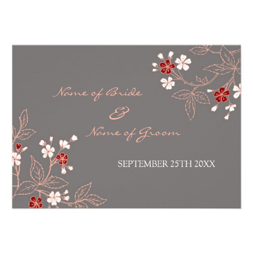 Coral Red Grey Floral Wedding Invitation Cards