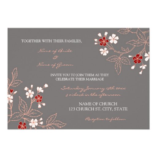 Coral Red Grey Floral Wedding Invitation Cards