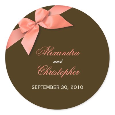Coral Red Ribbon Wedding Invitation Announcement Round Stickers