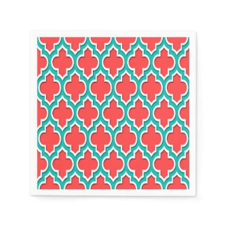 Coral Red Teal White Moroccan Quatrefoil #4DS Paper Napkins
