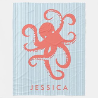 Coral Red White Cute Octopus Illustration Fleece Blanket