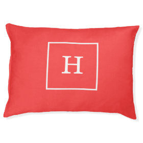 Coral Red White Framed Initial Monogram Large Dog Bed