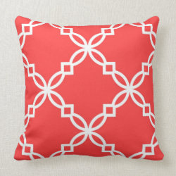 Coral Red White Large Fancy Quatrefoil Pattern Throw Pillow