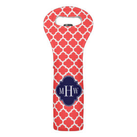 Coral Red Wht Moroccan #5 Navy 3 Initial Monogram Wine Bags