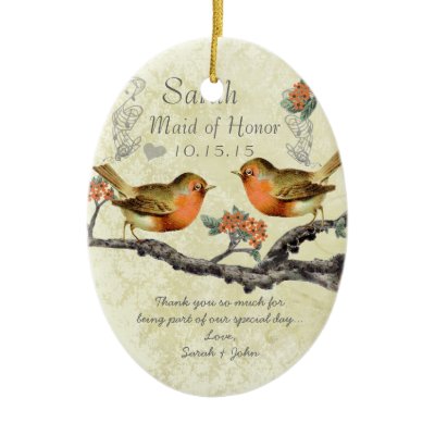 Coral Rose Vintage Bird Maid of Honor Ornaments