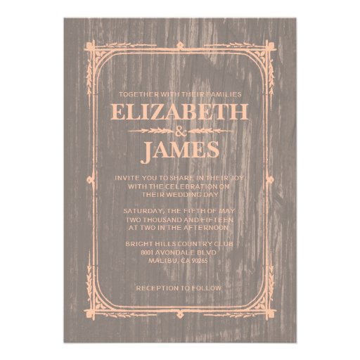 Coral Rustic Barn Wood Wedding Invitations