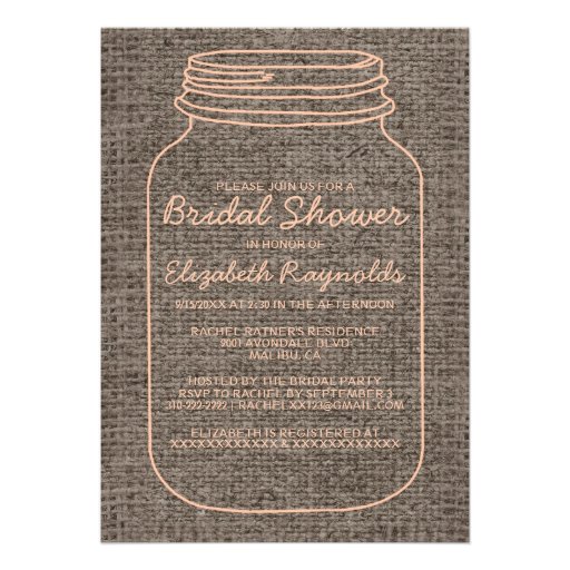 Coral Rustic Burlap Mason Jar Bridal Shower Invite