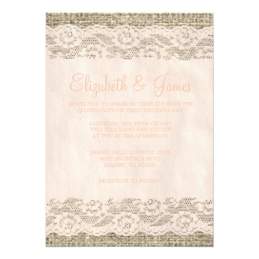 Coral Rustic Lace & Barn Wood Wedding Invitations