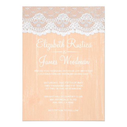 Coral Rustic Lace & Barn Wood Wedding Invitations