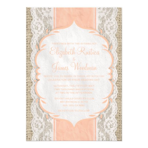 Coral Rustic Lace Wedding Invitations (front side)
