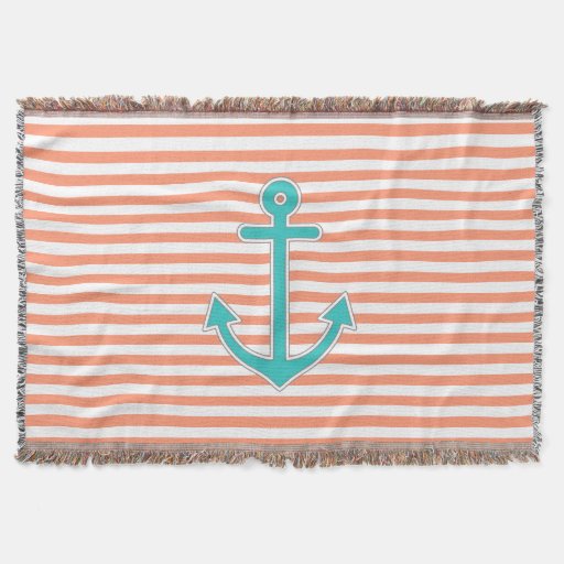 Coral Stripes Teal Anchor Nautical Throw Blanket