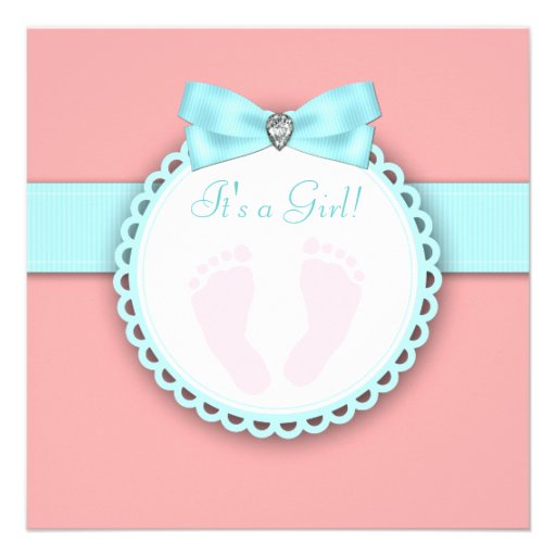 Coral Teal Blue Pink Footprint Baby Girl Shower Personalized Invites