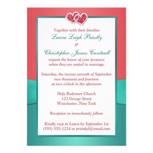 Coral, Teal Floral Joined Hearts PHOTO Invitation