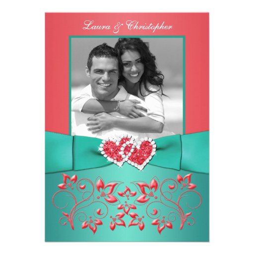 Coral, Teal Floral Joined Hearts PHOTO Invitation