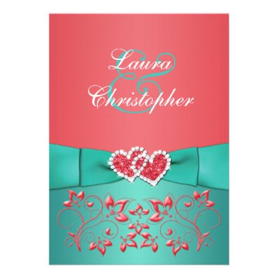 Coral Teal Floral Joined Hearts Wedding Invite 2