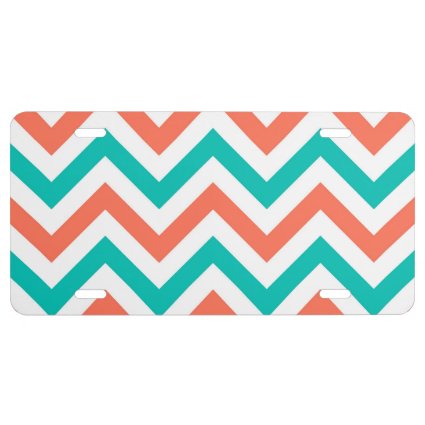Coral, Teal, White Large Chevron ZigZag Pattern License Plate
