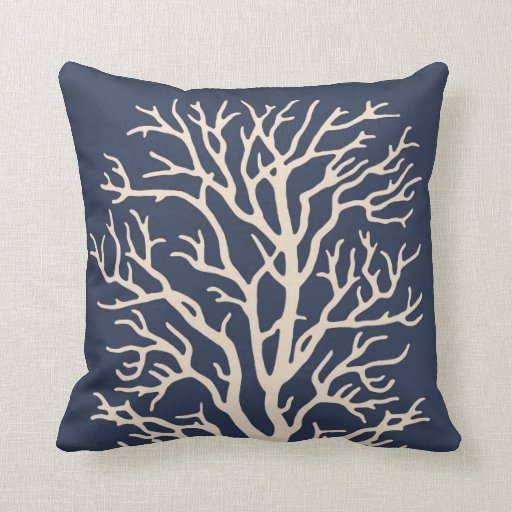 Coral Tree in Cream on Dark Navy Blue Throw Pillows Zazzle