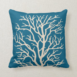 Coral Tree in Cream on Jeweled Teal Blue Throw Pillow