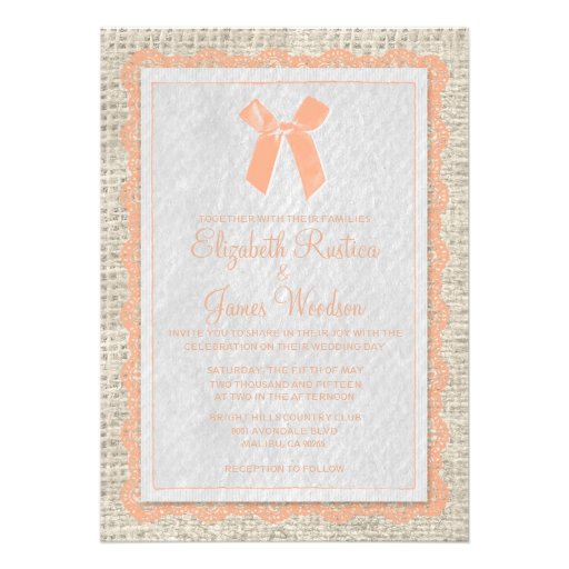 Coral Vintage Bow & Linen Wedding Invitations