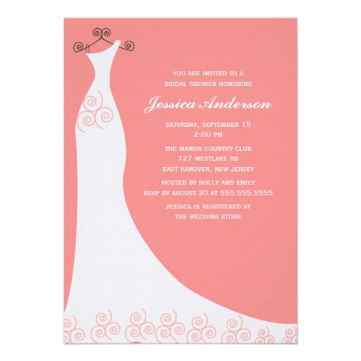 Coral Wedding Gown Bridal Shower Personalized Invitations (front side)