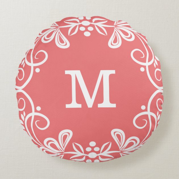 Coral White Custom Monogram Decorative Round Pillow