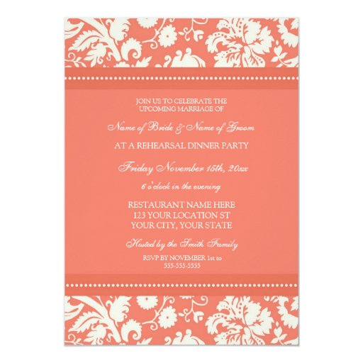 Coral White Damask Rehearsal Dinner Party Cards