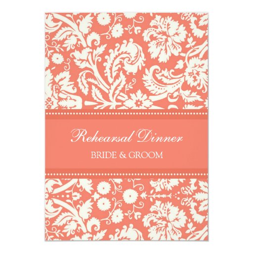 Coral White Damask Rehearsal Dinner Party Cards (front side)