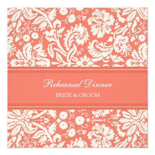 Coral White Damask Rehearsal Dinner Party Invites