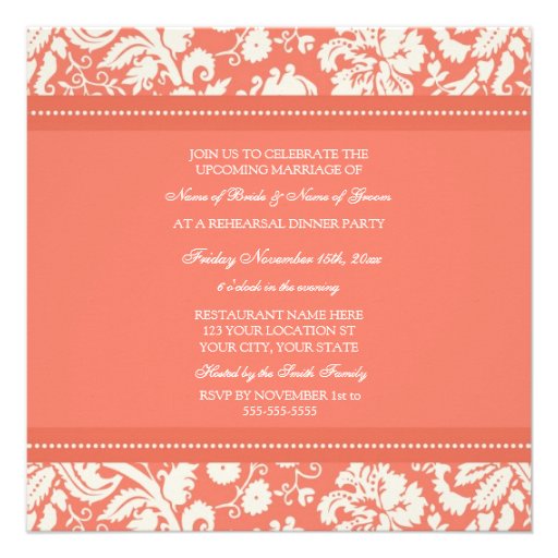 Coral White Damask Rehearsal Dinner Party Invites