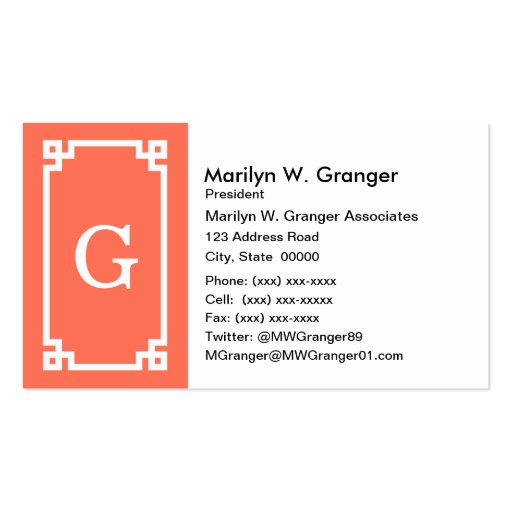 Coral White Greek Key Frame #2 Initial Monogram Business Cards (front side)