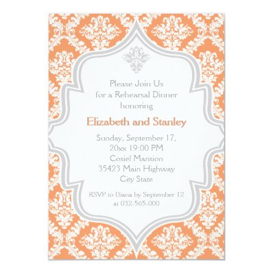 Coral, white, grey damask wedding Rehearsal Dinner Custom Invitations