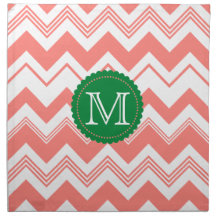 Coral White Monogram Chevron Pattern Napkin
