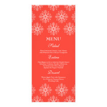 Coral   white snowflakes winter wedding food menu rack card