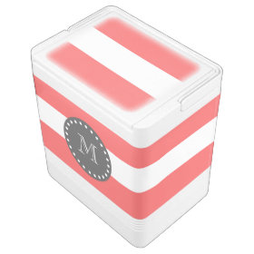 Coral White Stripes Pattern, Charcoal Monogram Igloo Cooler