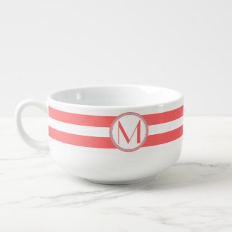 Coral | White Stripes Pattern Monogram Soup Bowl With Handle