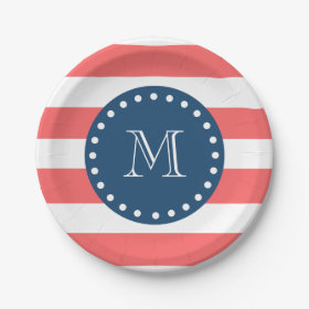 Coral White Stripes Pattern, Navy Blue Monogram 7 Inch Paper Plate