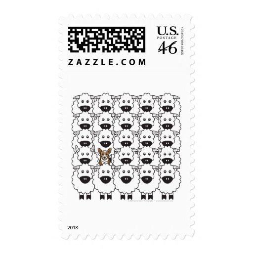 Corgi in the Sheep Postage Stamp