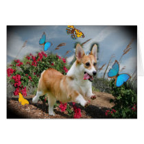 Corgi Running With Butterflies cards by friskybiz Corgi Running With Butterflies cards