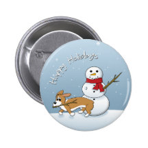 Corgi Steals Snowman's Arm Button
