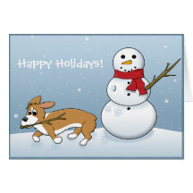 Corgi Steals Snowman's Arm Greeting Card