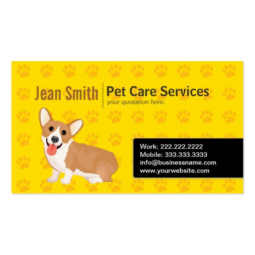 Corgi's Footprints Dog Care Yellow business card (front side)