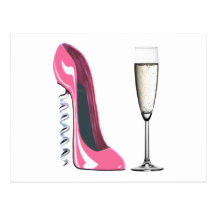 Corkscrew Pink Stiletto Shoe and Champagne Post Cards