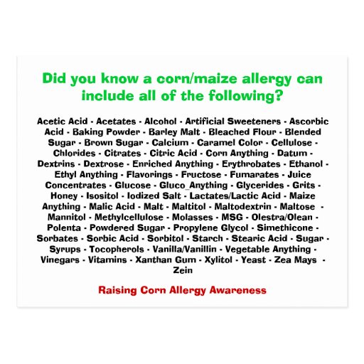 Corn Allergy List Postcard Zazzle