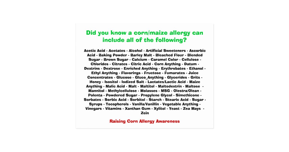 Corn Allergy List Postcard Zazzle