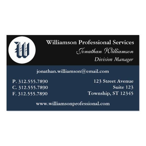 Corner Monogram Blue Business Cards (front side)