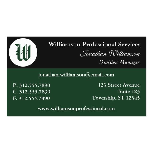 Corner Monogram Green Business Cards (front side)