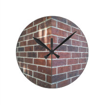 Corner of a Red Brick Building. Round Clock