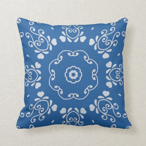 Cornflower Blue White Scroll Print Throw Pillow 