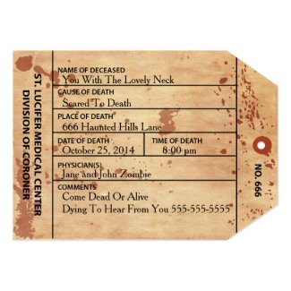 Coroner Toe Tag Halloween Or Birthday Invitation