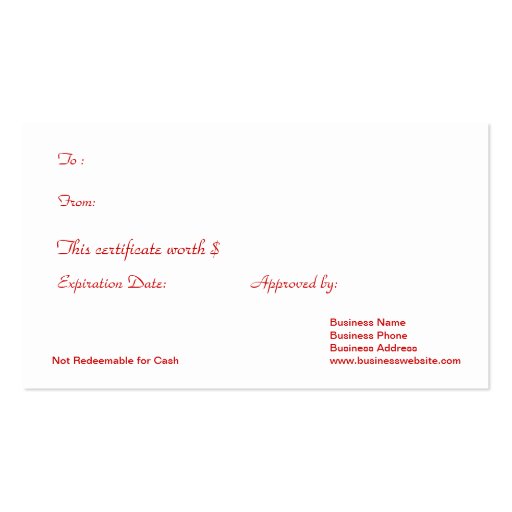Corporate Business Holiday Gift Certificates Business Cards (back side)